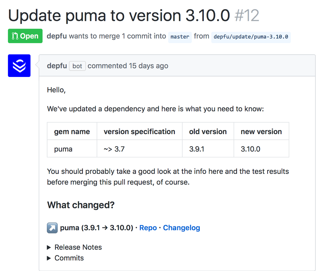A screenshot of a Depfu Pull Request for Puma including the links to the changelog, the release notes and commits. Also showing the old and new version numbers as well as the version specification used in the Gemfile