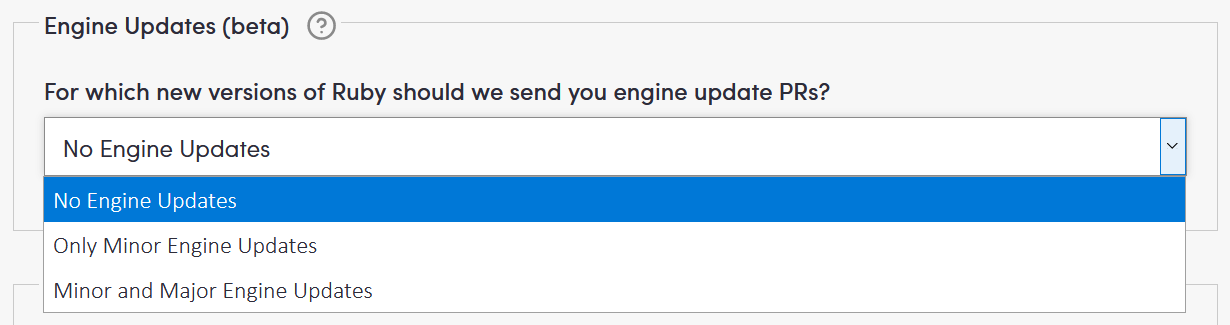 A screenshot of the Depfu engine updates configuration, showing the options described below